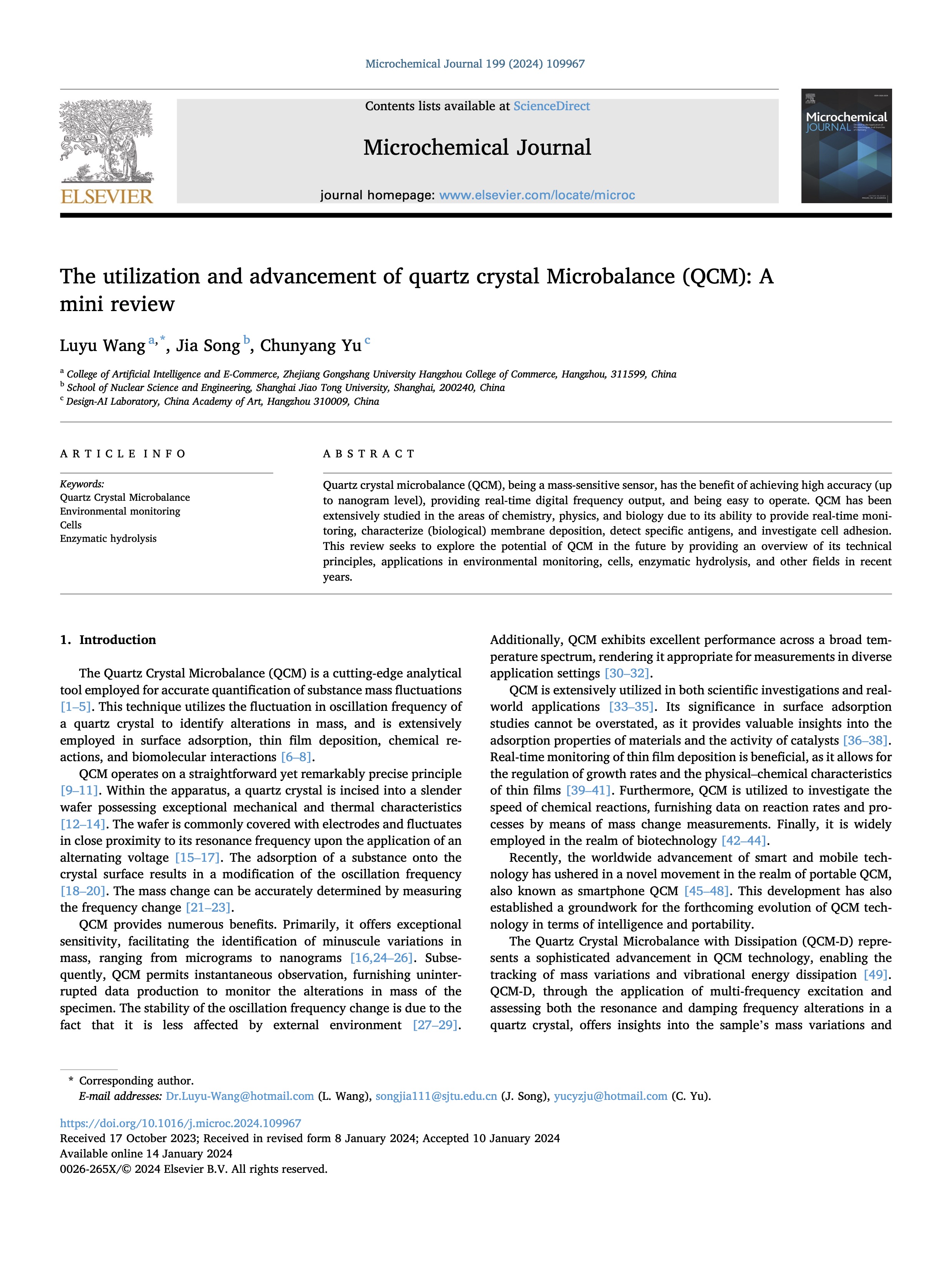 The utilization and advancement of quartz crystal Microbalance (QCM） A mini review