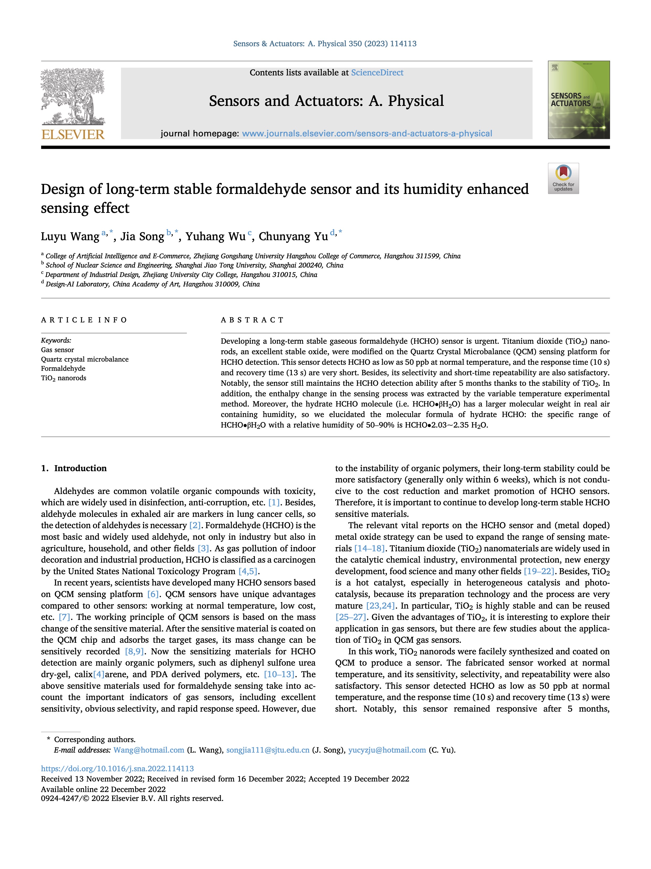 Design of long-term stable formaldehyde sensor and its humidity enhanced sensing effect 