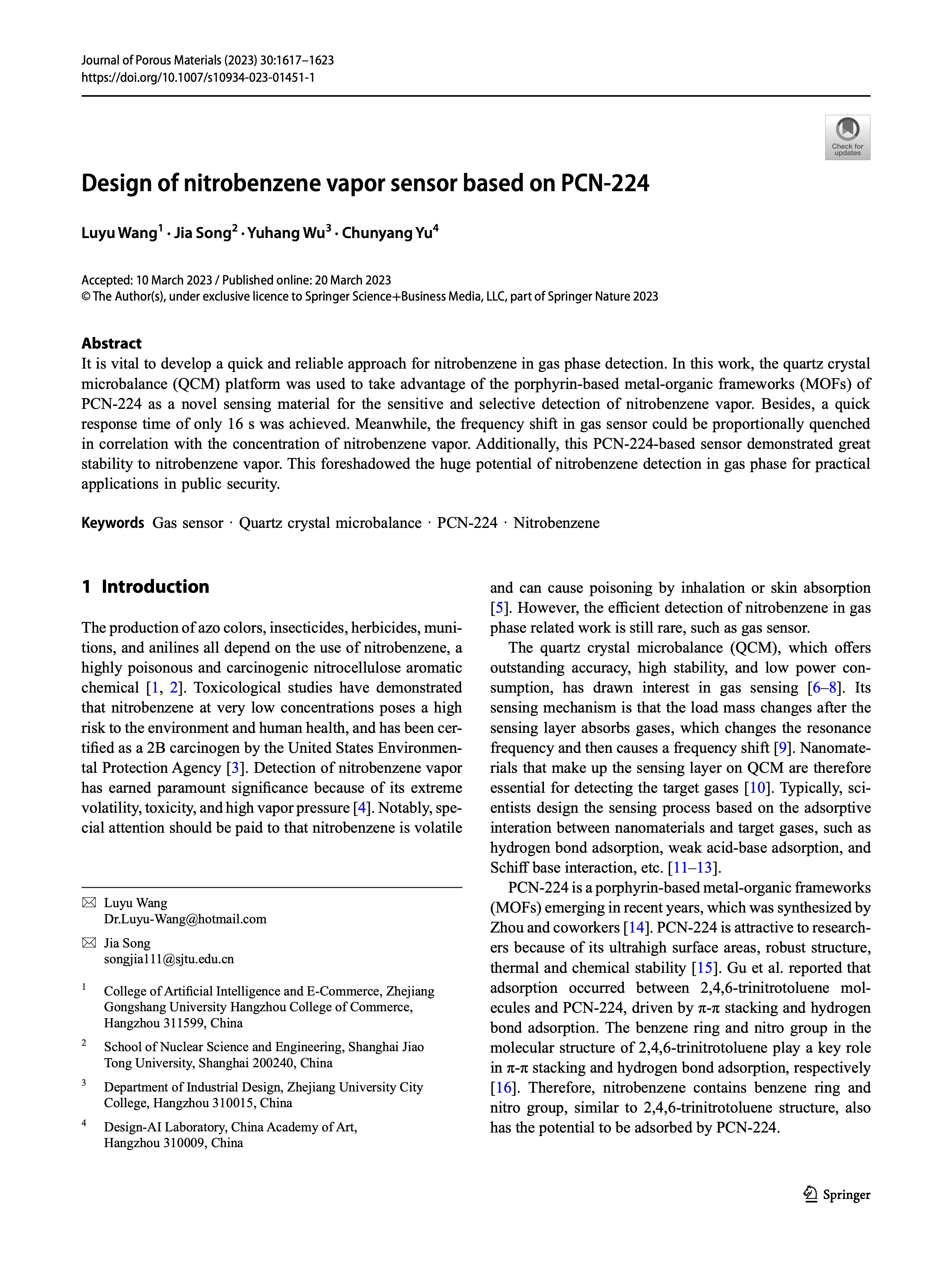 Design of nitrobenzene vapor sensor based on PCN-224